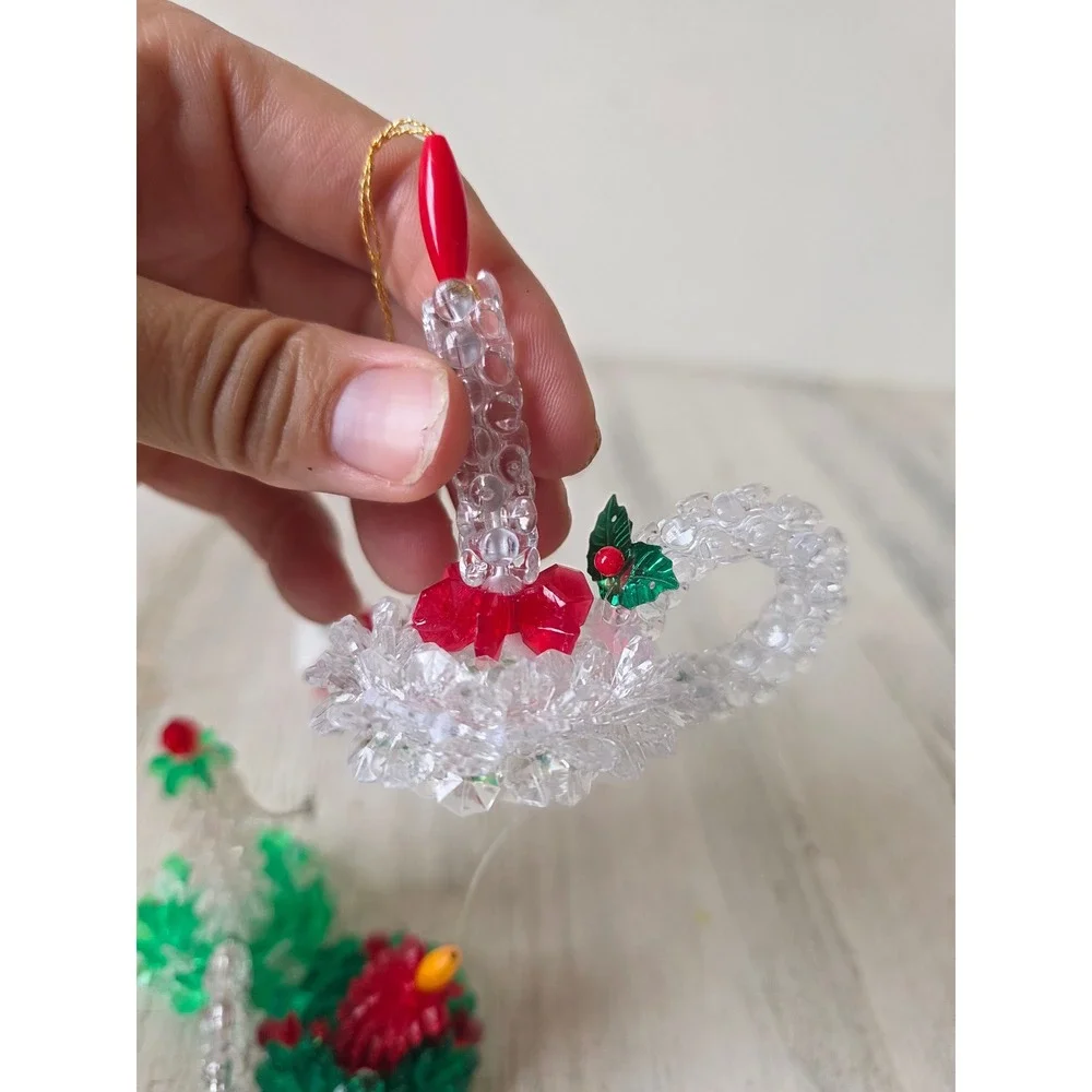 Vintage beaded candle ornament Red Green set Xmas tree